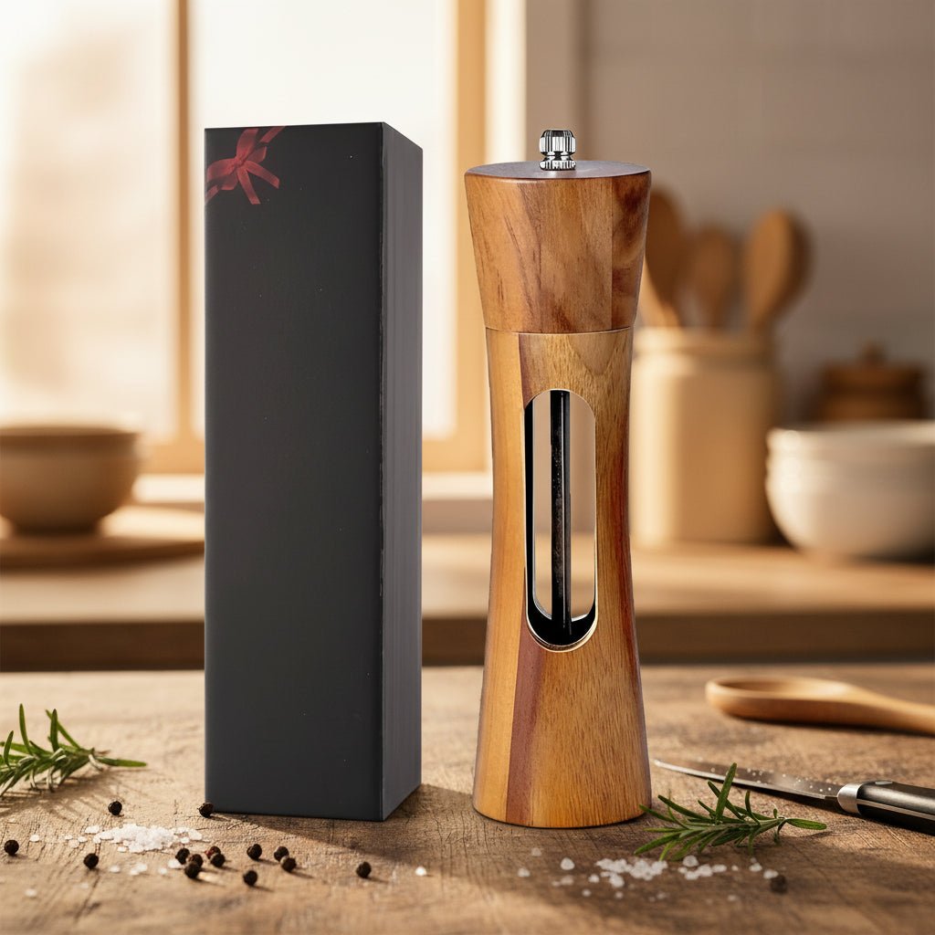 Elegant Wooden Salt and Pepper Mills Set - Adjustable Grinder with Acrylic Window 0