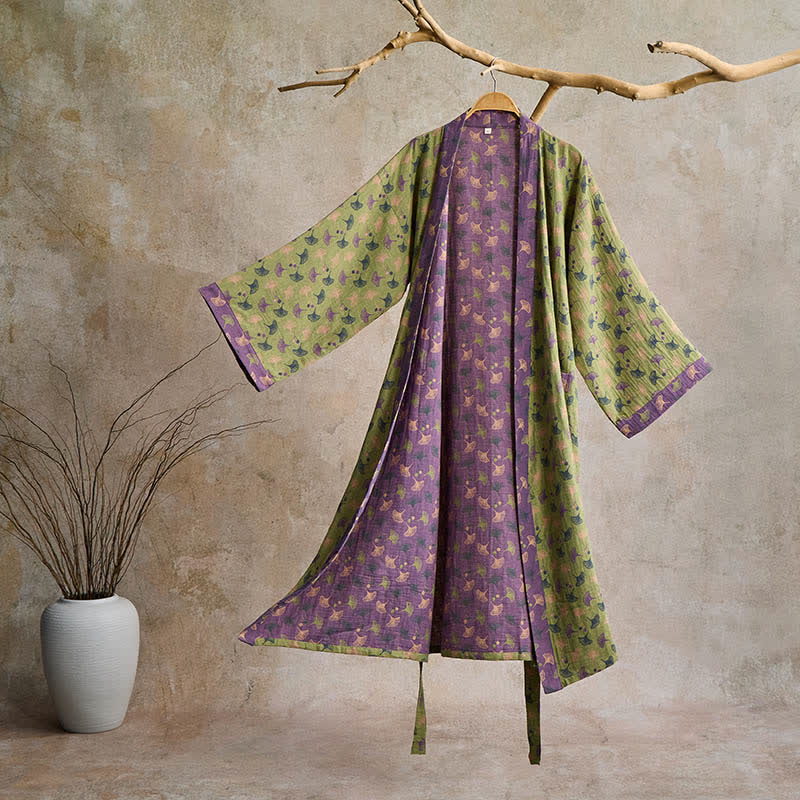 Elegant Two-Tone Kimono Bathrobe - Soft Ginkgo Cotton Gauze Robe for Relaxation 10