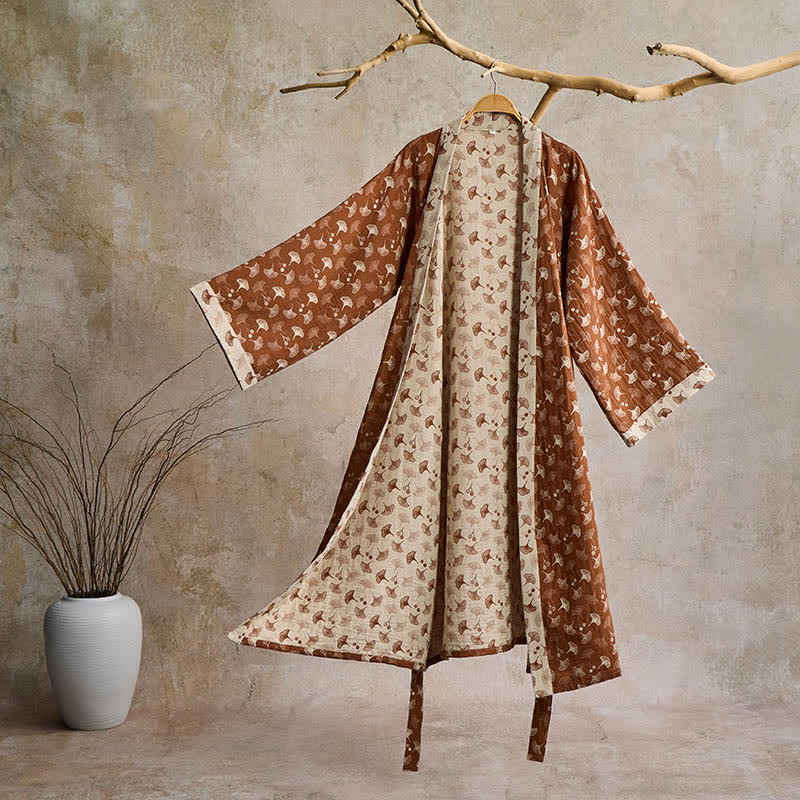 Elegant Two-Tone Kimono Bathrobe - Soft Ginkgo Cotton Gauze Robe for Relaxation 9