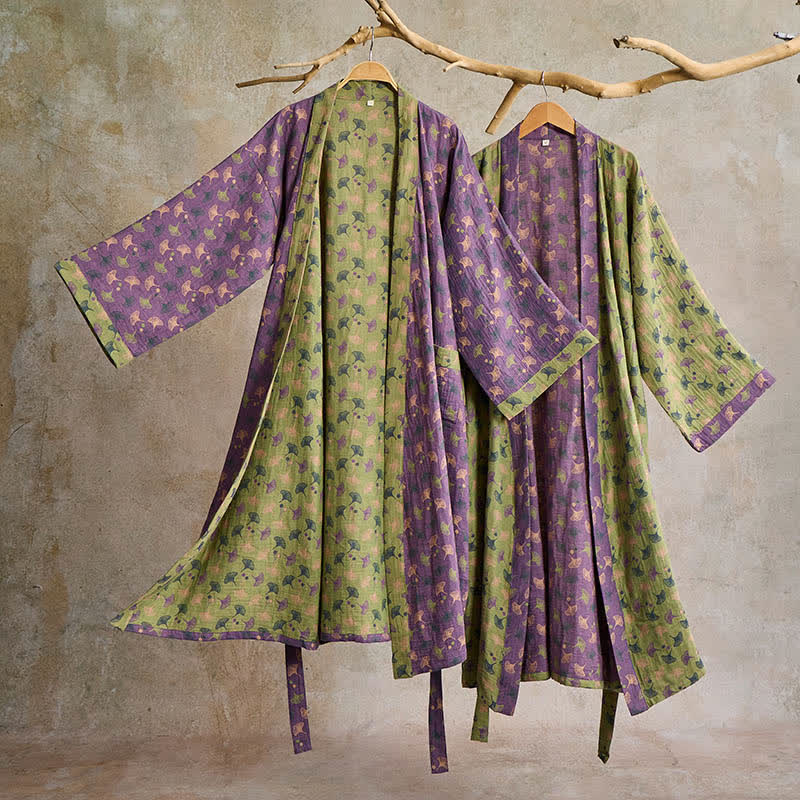 Elegant Two-Tone Kimono Bathrobe - Soft Ginkgo Cotton Gauze Robe for Relaxation 4