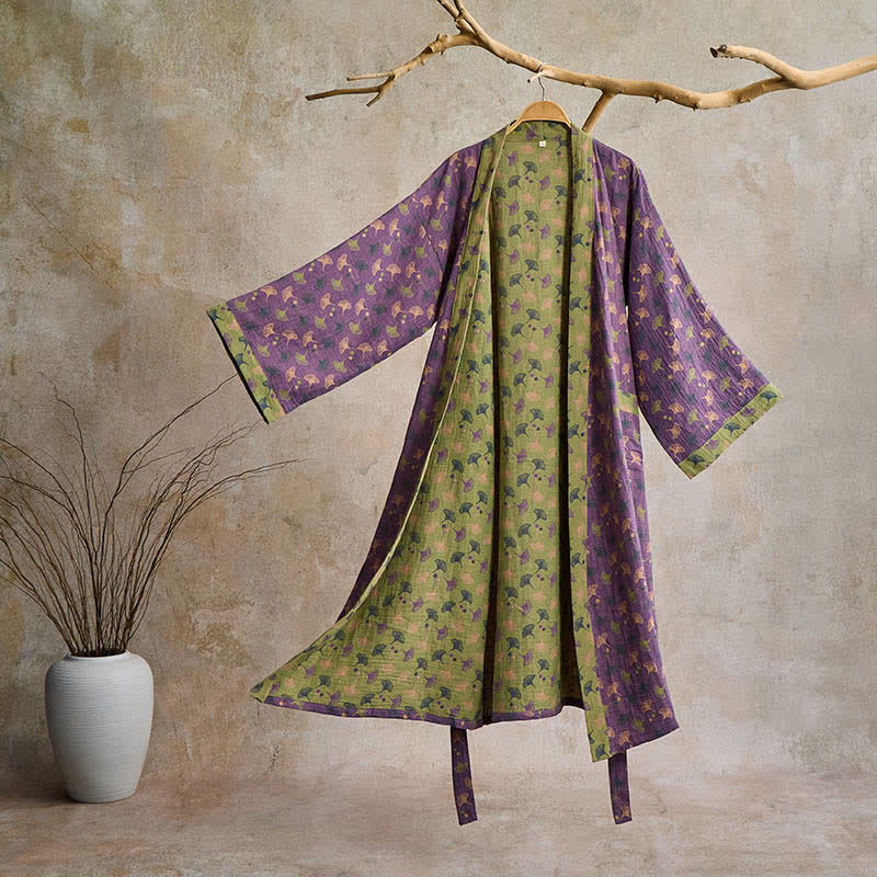 Elegant Two-Tone Kimono Bathrobe - Soft Ginkgo Cotton Gauze Robe for Relaxation 12