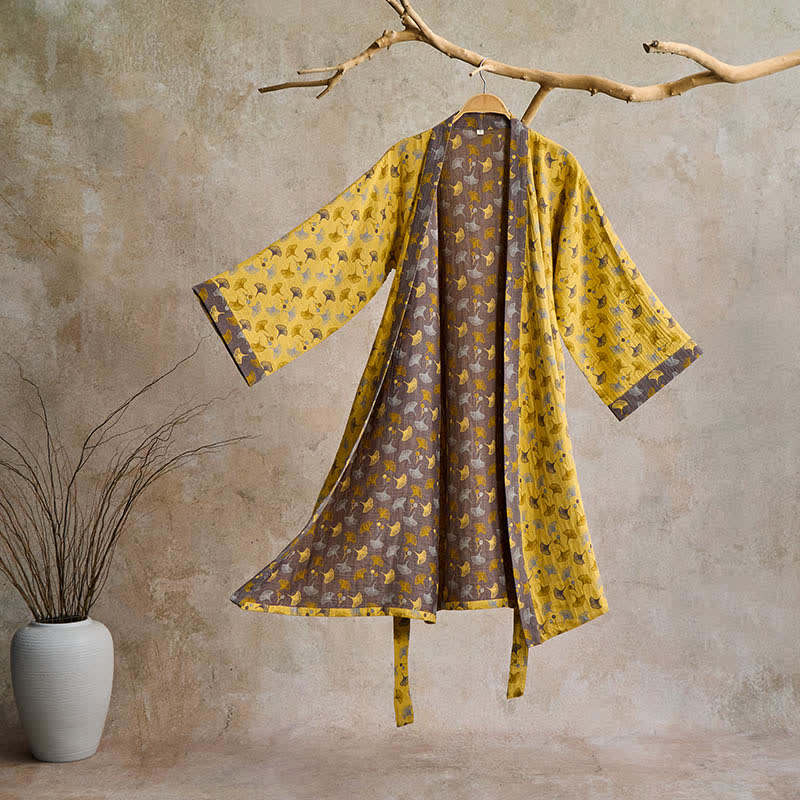 Elegant Two-Tone Kimono Bathrobe - Soft Ginkgo Cotton Gauze Robe for Relaxation 14