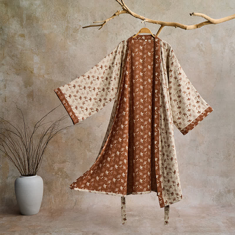 Elegant Two-Tone Kimono Bathrobe - Soft Ginkgo Cotton Gauze Robe for Relaxation 15