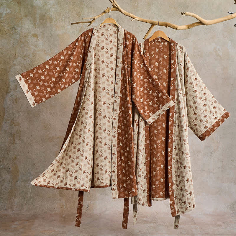 Elegant Two-Tone Kimono Bathrobe - Soft Ginkgo Cotton Gauze Robe for Relaxation 5