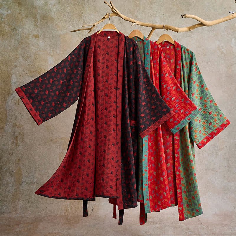 Elegant Two-Tone Kimono Bathrobe - Soft Ginkgo Cotton Gauze Robe for Relaxation 2