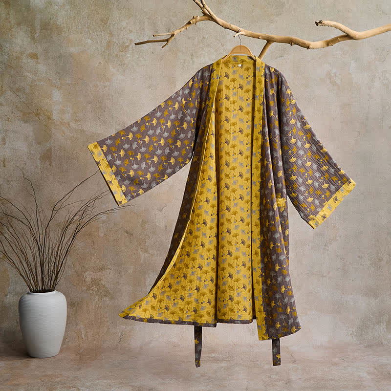 Elegant Two-Tone Kimono Bathrobe - Soft Ginkgo Cotton Gauze Robe for Relaxation 13