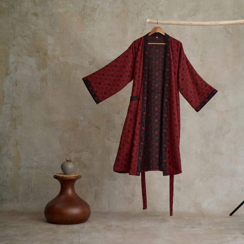 Elegant Two-Tone Kimono Bathrobe - Soft Ginkgo Cotton Gauze Robe for Relaxation 0