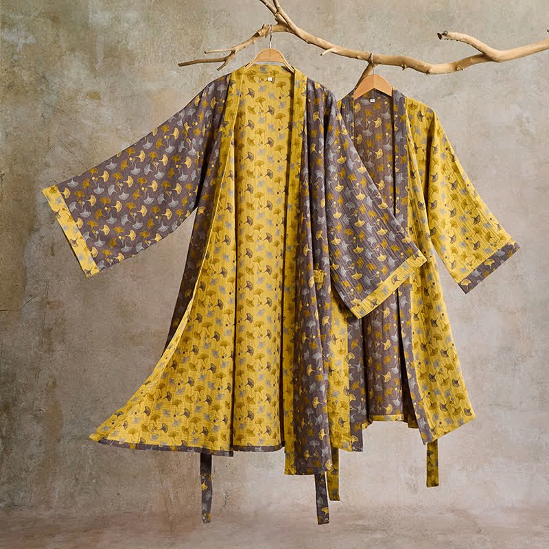 Elegant Two-Tone Kimono Bathrobe - Soft Ginkgo Cotton Gauze Robe for Relaxation 3