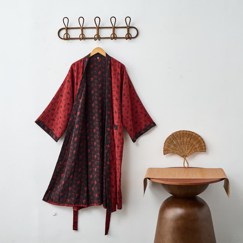 Elegant Two-Tone Kimono Bathrobe - Soft Ginkgo Cotton Gauze Robe for Relaxation 6
