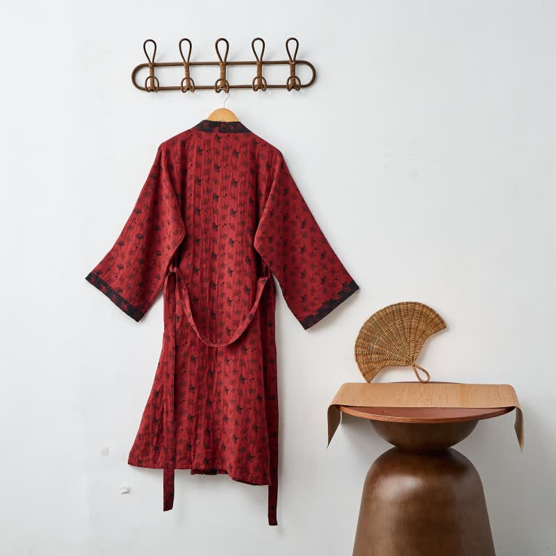 Elegant Two-Tone Kimono Bathrobe - Soft Ginkgo Cotton Gauze Robe for Relaxation 7