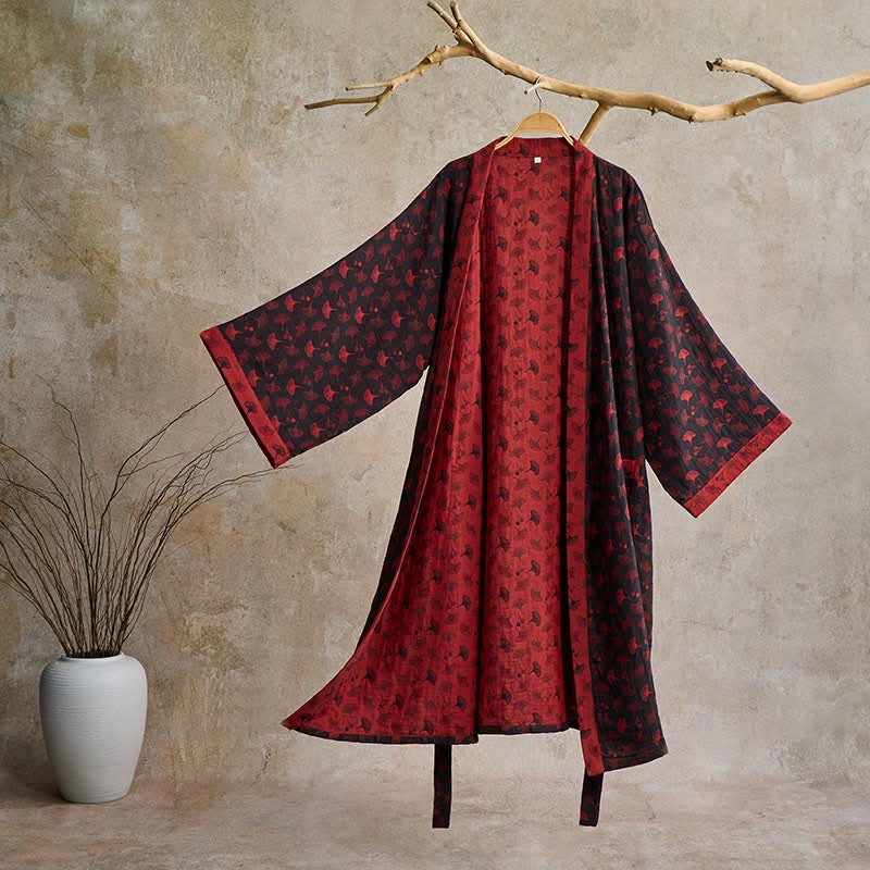 Elegant Two-Tone Kimono Bathrobe - Soft Ginkgo Cotton Gauze Robe for Relaxation 16