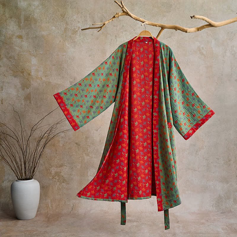 Elegant Two-Tone Kimono Bathrobe - Soft Ginkgo Cotton Gauze Robe for Relaxation 11