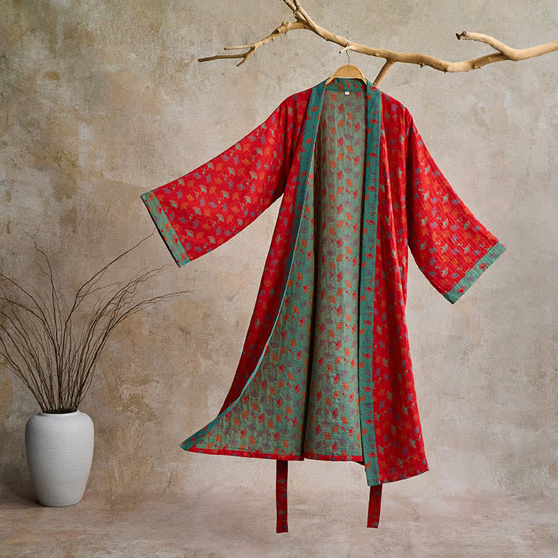 Elegant Two-Tone Kimono Bathrobe - Soft Ginkgo Cotton Gauze Robe for Relaxation 1